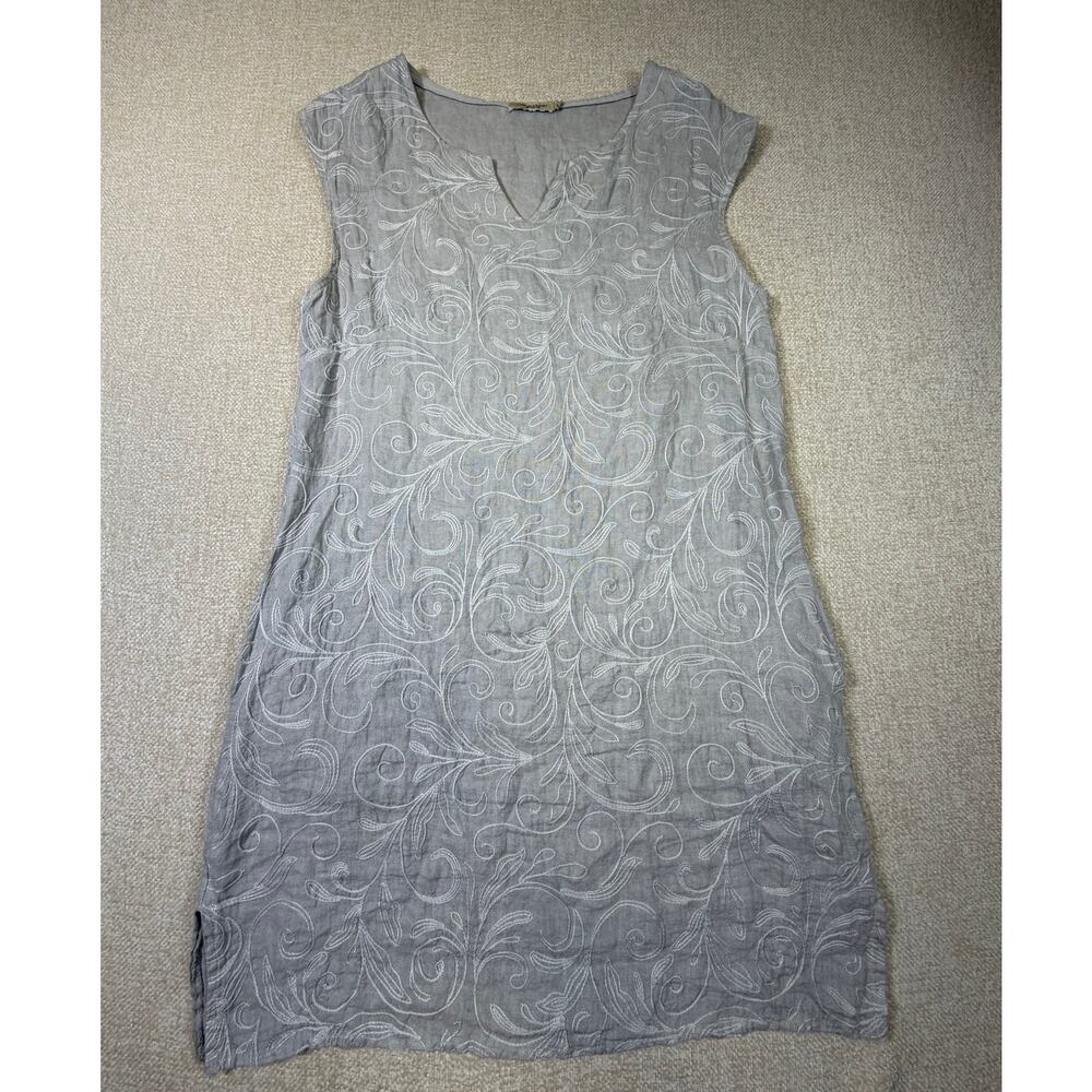 Lungo L'Arno Women S Gray Linen Embroidered Floral Sleeveless Shift Dress